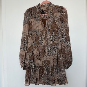 House of Harlow 1960 Balloon Long Sleeve Sheer Mini Dress In Brown Multi